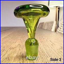 Vintage Blenko #49 Olive Kiwi Green Crackle Glass Pinched Decanter Stopper MCM