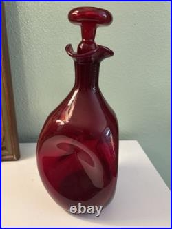 Vintage Blenko 49 Pinched Decanter With Stopper In Ruby Red, Early Production