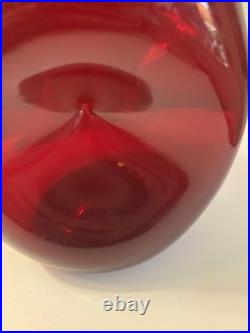 Vintage Blenko 49 Pinched Decanter With Stopper In Ruby Red, Early Production
