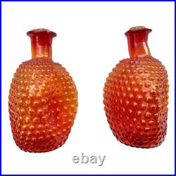 Vintage Blenko Amberina Pinched Glass Hobnail Decanters 9.25