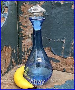 Vintage Blenko Art Glass Blue Hand-Blown Ribbed Genie Decanter w Clear Stopper