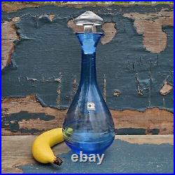 Vintage Blenko Art Glass Blue Hand-Blown Ribbed Genie Decanter w Clear Stopper