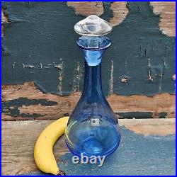 Vintage Blenko Art Glass Blue Hand-Blown Ribbed Genie Decanter w Clear Stopper