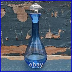 Vintage Blenko Art Glass Blue Hand-Blown Ribbed Genie Decanter w Clear Stopper