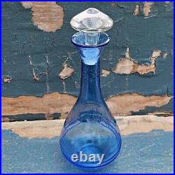 Vintage Blenko Art Glass Blue Hand-Blown Ribbed Genie Decanter w Clear Stopper