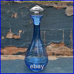 Vintage Blenko Art Glass Blue Hand-Blown Ribbed Genie Decanter w Clear Stopper