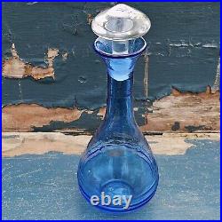 Vintage Blenko Art Glass Blue Hand-Blown Ribbed Genie Decanter w Clear Stopper