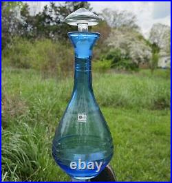 Vintage Blenko Art Glass Blue Hand-Blown Ribbed Genie Decanter w Clear Stopper