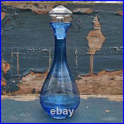 Vintage Blenko Art Glass Blue Hand-Blown Ribbed Genie Decanter w Clear Stopper