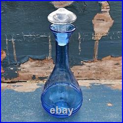 Vintage Blenko Art Glass Blue Hand-Blown Ribbed Genie Decanter w Clear Stopper