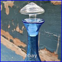 Vintage Blenko Art Glass Blue Hand-Blown Ribbed Genie Decanter w Clear Stopper