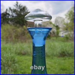 Vintage Blenko Art Glass Blue Hand-Blown Ribbed Genie Decanter w Clear Stopper