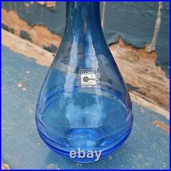 Vintage Blenko Art Glass Blue Hand-Blown Ribbed Genie Decanter w Clear Stopper