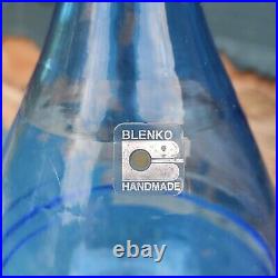 Vintage Blenko Art Glass Blue Hand-Blown Ribbed Genie Decanter w Clear Stopper