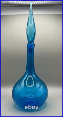 Vintage Blenko Art Glass Decanter #627L Blue Flame Stopper MCM Jeanie Blown Bott