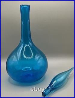 Vintage Blenko Art Glass Decanter #627L Blue Flame Stopper MCM Jeanie Blown Bott