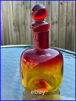 Vintage Blenko Art Glass Decanter Tangerine Round Stopper