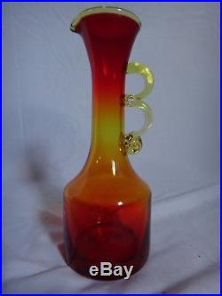 Vintage Blenko Art Glass Red to Orange Decanter Tall Pitcher Yellow Rim Handle