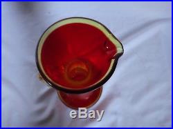 Vintage Blenko Art Glass Red to Orange Decanter Tall Pitcher Yellow Rim Handle
