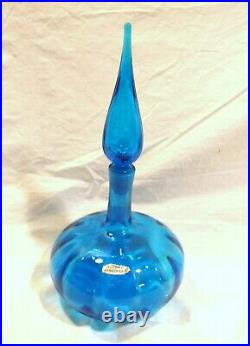 Vintage Blenko Blue Mid Century Modern Decanter Bottle Flame Stopper 13