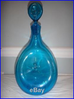 Vintage Blenko Cobalt Blue Glass Donut Decanter Wayne Husted Pinched Teardrop
