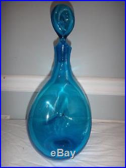 Vintage Blenko Cobalt Blue Glass Donut Decanter Wayne Husted Pinched Teardrop