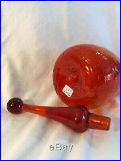 Vintage Blenko Crackle Glass Decanter, 16, tangerine, unusual Stopper, #6311M