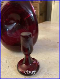 Vintage Blenko Decanter Pinched Dimpled Ruby Red with Stopper