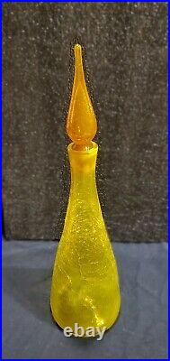 Vintage Blenko Decanter Yellow Crackle Glass With Stopper 920
