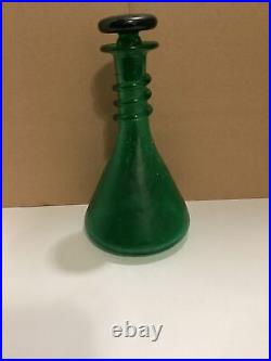 Vintage Blenko Forest Green Crackle Glass Decanter Hand Blown with Stopper