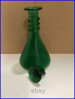 Vintage Blenko Forest Green Crackle Glass Decanter Hand Blown with Stopper