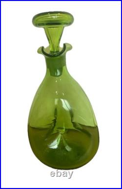 Vintage Blenko Glass 49 Three Sided Pinched Grass Green Decanter RARE