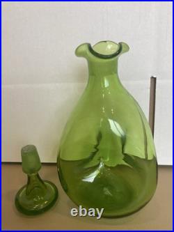 Vintage Blenko Glass 49 Three Sided Pinched Grass Green Decanter RARE