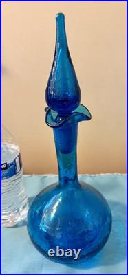 Vintage Blenko Glass Decanter In Turquoise Crackle 13 high Withstopper