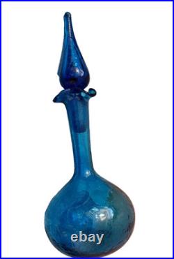 Vintage Blenko Glass Decanter In Turquoise Crackle 13 high Withstopper