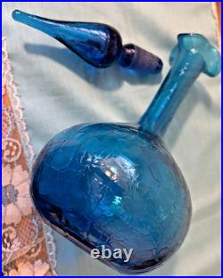 Vintage Blenko Glass Decanter In Turquoise Crackle 13 high Withstopper