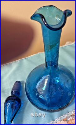 Vintage Blenko Glass Decanter In Turquoise Crackle 13 high Withstopper