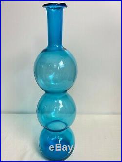 Vintage Blenko Glass Wayne Husted Blue Gurgle 3 Ball Decanter Bottle 18 1/2