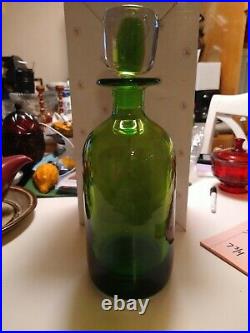 Vintage Blenko Green Decanter with Stopper. Stopper has Green Glass Center