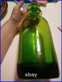 Vintage Blenko Green Decanter with Stopper. Stopper has Green Glass Center