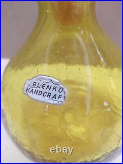 Vintage Blenko Handcraft Amber Crackle Glass Decanter withFoil Label