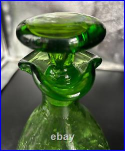 Vintage Blenko Pinched Crackle Glass Decanter Bottle Green MCM 10 3/4