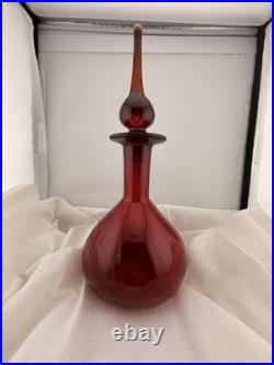 Vintage Blenko Red Glass Decanter Hand Blown Mid Century Modern Art Glass Ruby