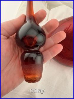 Vintage Blenko Red Glass Decanter Hand Blown Mid Century Modern Art Glass Ruby