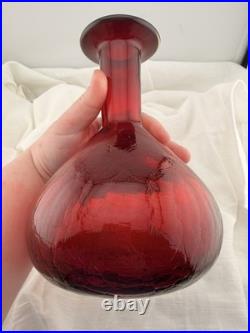 Vintage Blenko Red Glass Decanter Hand Blown Mid Century Modern Art Glass Ruby