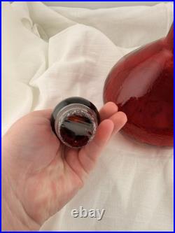 Vintage Blenko Red Glass Decanter Hand Blown Mid Century Modern Art Glass Ruby