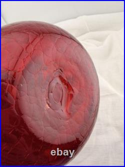 Vintage Blenko Red Glass Decanter Hand Blown Mid Century Modern Art Glass Ruby