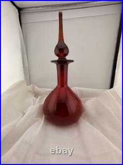 Vintage Blenko Red Glass Decanter Hand Blown Mid Century Modern Art Glass Ruby