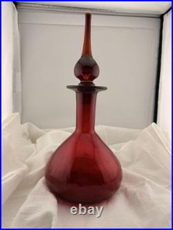 Vintage Blenko Red Glass Decanter Hand Blown Mid Century Modern Art Glass Ruby
