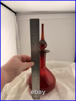 Vintage Blenko Red Glass Decanter Hand Blown Mid Century Modern Art Glass Ruby